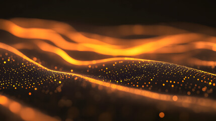Poster - Abstract glowing particles flowing over smooth waves creating a mesmerizing landscape of light and texture in shades of orange and gold
