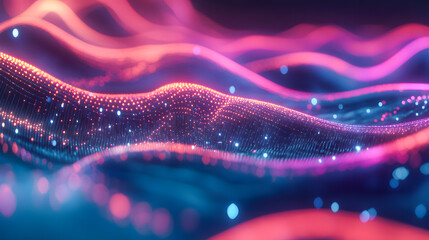 Aufkleber - Vibrant Abstract Wavy Pattern with Glowing Light Particles in Purple and Blue Tones for Background, Technology, and Design Uses