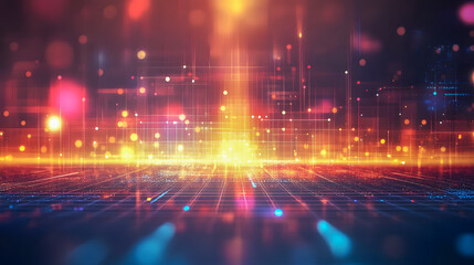 Poster - Abstract digital landscape with glowing lights and lines creating a futuristic scene, representing technology and innovation in a vibrant environment