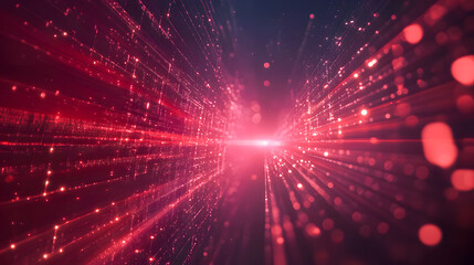 Poster - Abstract representation of digital data flow with glowing particles in vibrant shades of red, creating a futuristic sci-fi atmosphere and sense of movement