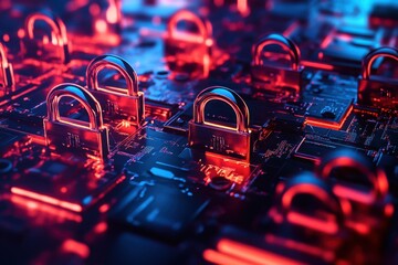 Poster - Colorful locks on circuit boards symbolize digital security and data protection