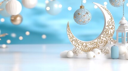 Wall Mural - Festive Crescent Moon Decor  Blue   White Ornaments  Winter Holiday Scene