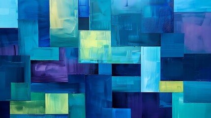 Poster - A bold abstract background featuring overlapping squares and rectangles in a harmonious palette of blues, greens, and purples