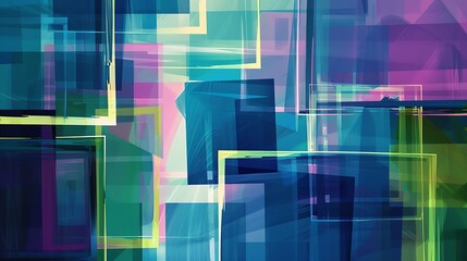 Poster - A bold abstract background featuring overlapping squares and rectangles in a harmonious palette of blues, greens, and purples