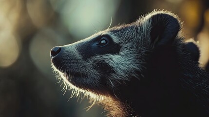 Wall Mural - young raccoon gazing upward, forest background, wildlife portrait, nature photography.