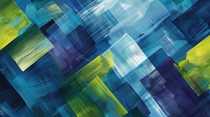 Poster - A bold abstract background featuring overlapping squares and rectangles in a harmonious palette of blues, greens, and purples