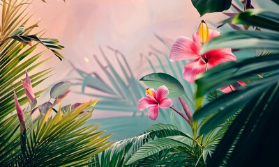Wall Mural - tropical background with pink flowers and lush greenery under warm sunlight