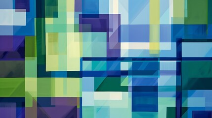 Poster - A bold abstract background featuring overlapping squares and rectangles in a harmonious palette of blues, greens, and purples