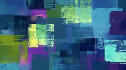 Poster - A bold abstract background featuring overlapping squares and rectangles in a harmonious palette of blues, greens, and purples