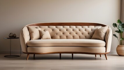 Wall Mural - Modern Two-Seater Sofa with Tufted Beige Cushion and Curved Wooden Frame, Interior Furniture Photography Highlighting Elegant Contemporary Design.