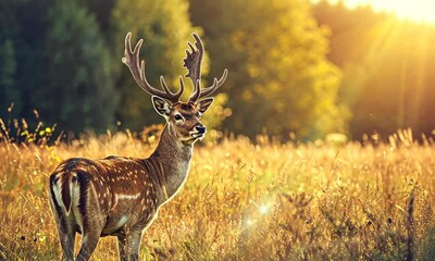 Wall Mural - majestic spotted deer with antlers in sunlit field