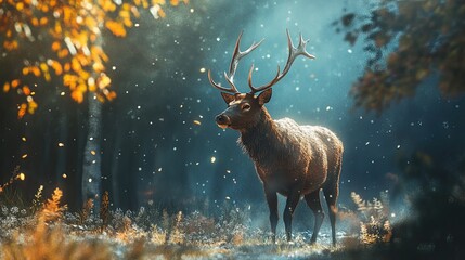 Wall Mural - majestic deer in autumn forest, sunlit mist, leaves falling, nature scene, wildlife photography.