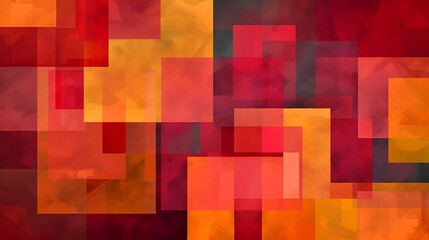 Poster - A dynamic geometric pattern of overlapping squares and rectangles in various sizes and shades of red, orange, and yellow