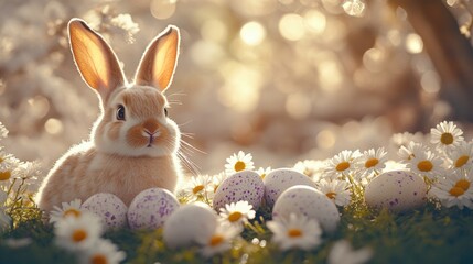 Charming bunny with speckled easter eggs in flower field at sunrise. Easter, Pascha, Paskha, Ostern, Pascua, Paques - Orthodox and Catholic Holiday celebration