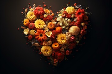 Wall Mural - Vibrant blossoms forming a heart shape on a dark background, symbolizing love, romance, and special occasions