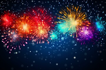 Poster - Brightly colored fireworks exploding against a dark blue night sky, creating a festive and celebratory atmosphere with falling glitter