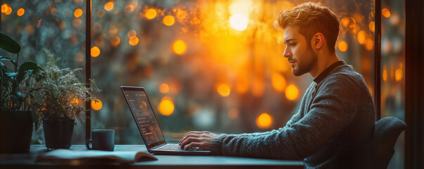 Fototapete - Business Freelancer Working on Laptop and Tablet in Modern Office Environment