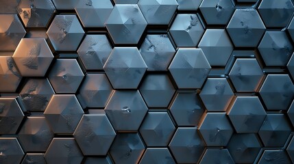 Poster - A modern abstract background with a repeating pattern of hexagonal tiles in metallic shades, reflecting light and shadow