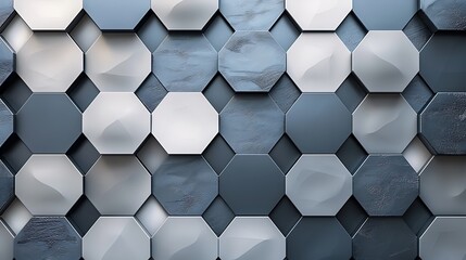Poster - A modern abstract background with a repeating pattern of hexagonal tiles in metallic shades, reflecting light and shadow