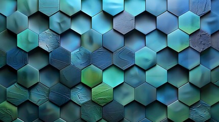 Poster - A background featuring interlocking hexagons in varying shades of blue and green, creating a mesmerizing 3D effect