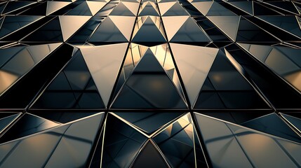 Poster - A sleek, modern background with a grid of interconnected triangles in metallic shades, reflecting light and shadow