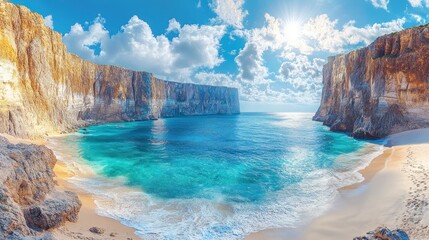 Wall Mural - Secluded beach with turquoise water between cliffs under sunny sky.