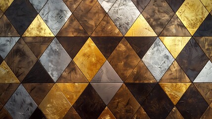 Poster - A sophisticated geometric design with a repeating pattern of diamonds and triangles in shades of gold, silver, and bronze