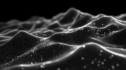Poster - Futuristic abstract 3d rendering featuring digital dots and lines in a complex geometric connection structure, showcasing intricate data threads and artificial intelligence visualization for high-tech
