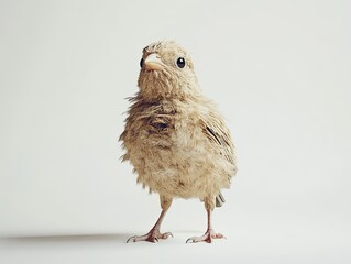 Wall Mural - Fluffy baby bird, studio shot, white background, animal portrait, cute wildlife.