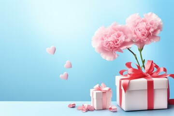 Poster - Pink carnations and gift boxes create a heartwarming mother's day scene, symbolizing love and appreciation on a pastel blue background