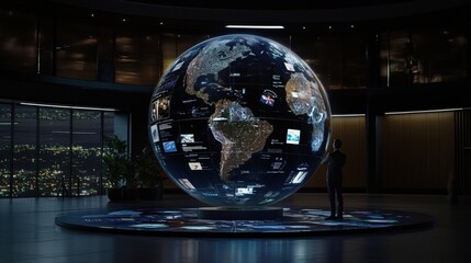 Poster - A futuristic globe displaying data and information in a high-tech environment, showcasing global connectivity and technology.