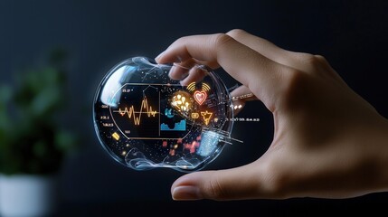 Poster - A hand holds a transparent orb displaying colorful data visualizations, symbolizing technology and innovation in a digital world.
