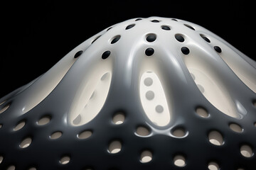 Poster - an abstract object resembling a dome or surface made of glossy white material with numerous rounded holes. 
