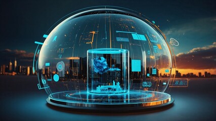 Digital informational technology web futuristic hologram with cloud, Generative AI