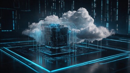 Digital informational technology web futuristic hologram with cloud, Generative AI