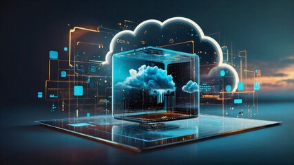 Digital informational technology web futuristic hologram with cloud, Generative AI