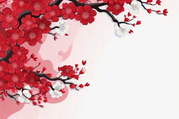 Wall Mural - Red and white plum blossoms create a vibrant floral border on a soft pink and white background