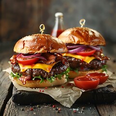 Wall Mural - Close up of two tasty burgers with beef, cheese, tomato and onion on wooden cutting board