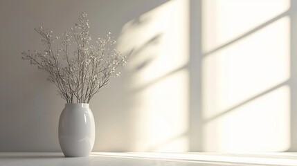 Canvas Print - White flowers in vase, sunlight on wall.