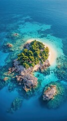 Wall Mural - Tropical island with beach, turquoise ocean, aerial view.