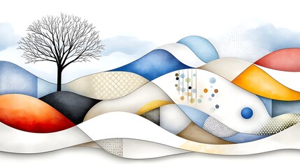 Wall Mural - Abstract Landscape with Bare Tree  Colorful Waves  and Geometric Patterns