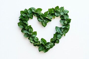 Wall Mural - white background with lots of green leaves arranged in the shape of a heart. 