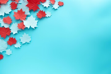 Aufkleber - Minimalist autumn background showing red and light blue maple leaves on a turquoise surface with copy space