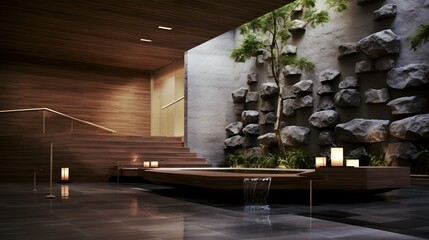 Poster - Minimalist spa decor featuring natural materials like wood stone and bamboo with a calming water feature creating a serene and peaceful atmosphere for meditation relaxation and wellness