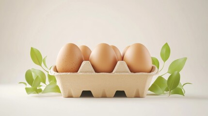 Wall Mural - Five brown eggs in a cardboard carton with green leaves.