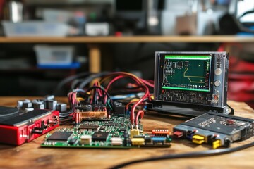 Poster - Electronic components and tools arranged on a workbench in a tech workshop