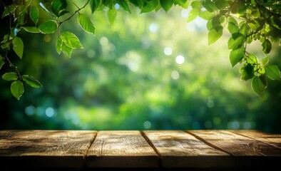Wall Mural - wooden table in front of blurred green nature background.