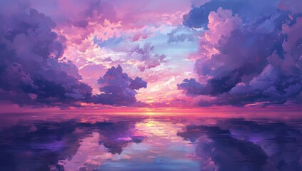 Wall Mural - Vibrant sunset reflected on calm water, colorful cloudscape.
