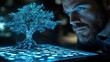 © Zoe - Intrigued man observing a glowing digital tree, futuristic technology concept
