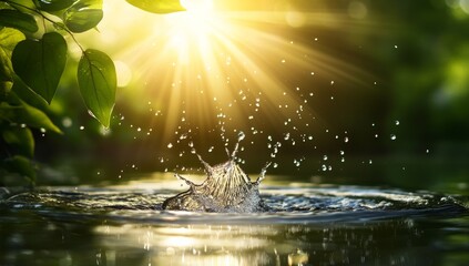 Wall Mural - sunlit water droplet splash in tranquil pond.